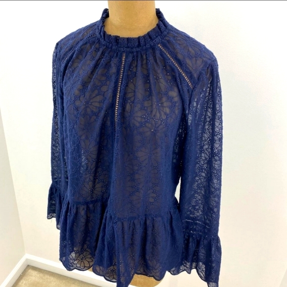 Lumie Navy Blue Floral Eyelet Lace Semi Sheer Long Sleeve Peplum Top Sz L Large - Picture 1 of 2